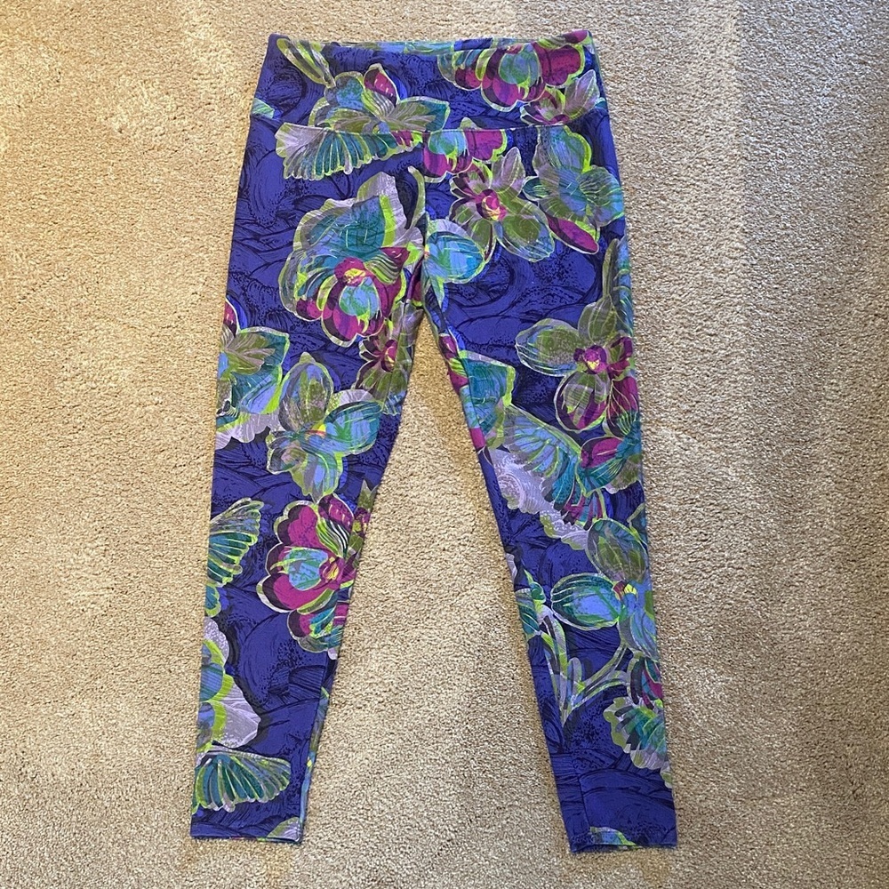 Soft Surroundings Leggings Purple Lime Green Tropical Floral Size SMALL